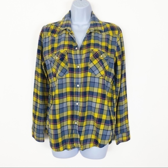 AEO AMERICAN EAGLE Plaid Blue Yellow Flannel Like Snap Front Shirt Fall Winter M - Picture 1 of 7